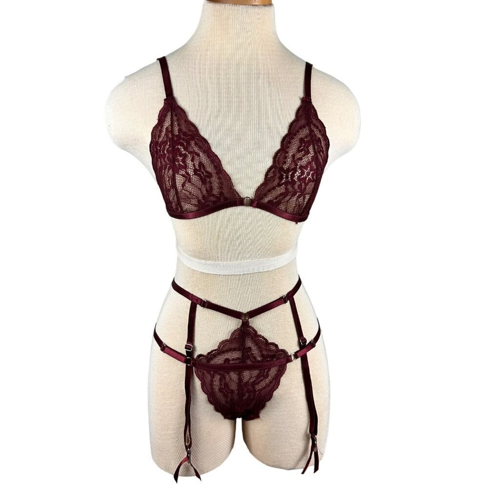 Oh La La Cherri Sexy Burgundy Lace Bralette,Panty & Garter Belt 3 Piece Lingerie
